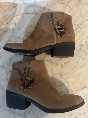 White Mountain Women's Taupe Suede Ankle Booties with Tassel Bead Trim